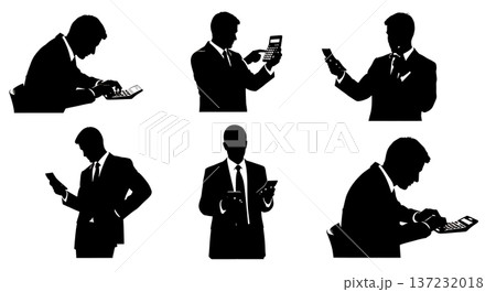 Black Solid Analyst Silhouettes Using Calculators Set of Six on White Background Black Solid Analyst Silhouettes Using Calculators Set of Six on White Background 137232018