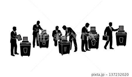 Black Solid Analyst Silhouettes Using Paper Shredder Set of Six on White Background Black Solid Analyst Silhouettes Using Paper Shredder Set of Six on White Background 137232020