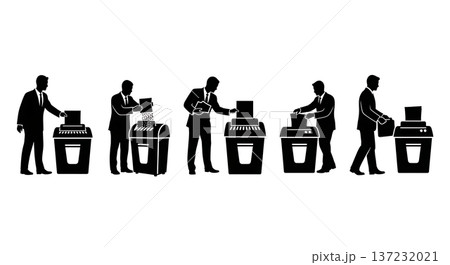 Black Solid Analyst Silhouettes Using Paper Shredder Set of Six on White Background 137232021
