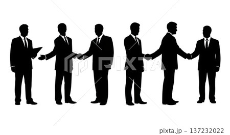 Black Solid Analyst Silhouettes Shaking Hands Deal Set of Six on White Background 137232022