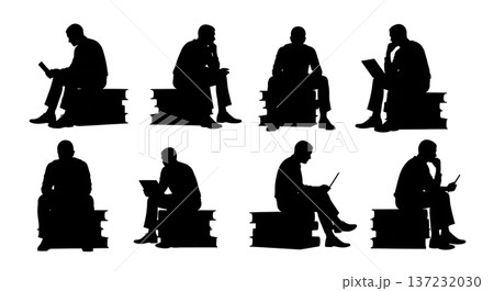 Black Solid Analyst Silhouettes Sitting Stack Books Set of Six on White Background Black Solid Analyst Silhouettes Sitting Stack Books Set of Six on White Background 137232030