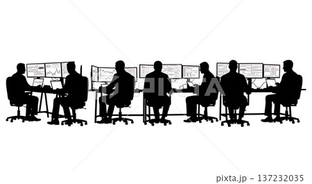 Black Solid Data Analyst Silhouettes Multi Monitor Set of Six on White Background Black Solid Data Analyst Silhouettes Multi Monitor Set of Six on White Background 137232035