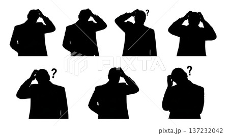 Black Solid Analyst Silhouettes Scratching Head Confused Set of Six on White Background Black Solid Analyst Silhouettes Scratching Head Confused Set of Six on White Background 137232042