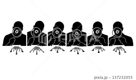 Black Solid Analyst Silhouettes Magnifying Glass Search Set of Six on White Background 137232055