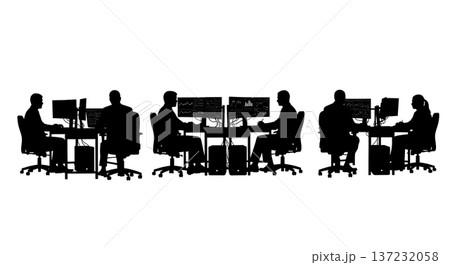Black Solid Data Analyst Silhouettes Multi Monitor Set of Six on White Background 137232058