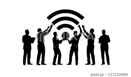Black Solid Analyst Silhouettes Holding WiFi Signal Set of Six on White Background 137232069