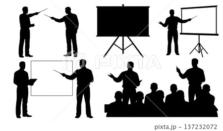 Black Solid Analyst Silhouettes Laser Pointers Presenting Set of Six on White Background 137232072