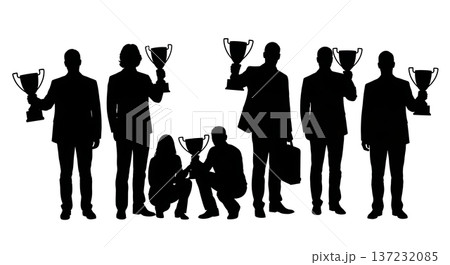 Black Solid Analyst Silhouettes Holding Trophy Award Set of Six on White Background 137232085