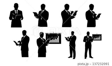 Black Solid Analyst Silhouettes Holding Tablets Stylus Set of Six on White Background 137232091