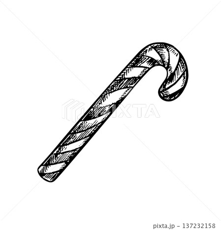 Christmas candy cane. Black and white graphics, handmade vector illustration. Isolate. Element of your design. Perfect for postcards, posters, banners, packaging, and more. 137232158