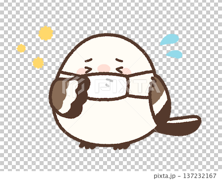 花粉症でくしゃみをするマスク姿のシマエナガ 花粉症でくしゃみをするマスク姿のシマエナガ 137232167