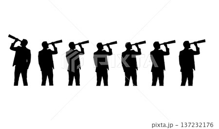 Black Solid Analyst Silhouettes Holding Telescope Set of Six on White Background Black Solid Analyst Silhouettes Holding Telescope Set of Six on White Background 137232176