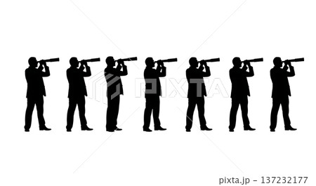 Black Solid Analyst Silhouettes Holding Telescope Set of Six on White Background Black Solid Analyst Silhouettes Holding Telescope Set of Six on White Background 137232177