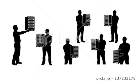 Black Solid Analyst Silhouettes Holding Server Racks Set of Six on White Background 137232179