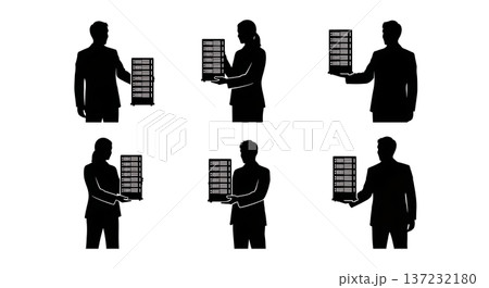 Black Solid Analyst Silhouettes Holding Server Racks Set of Six on White Background Black Solid Analyst Silhouettes Holding Server Racks Set of Six on White Background 137232180
