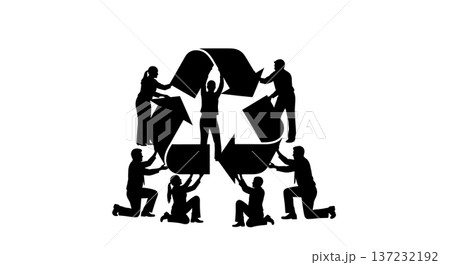 Black Solid Analyst Silhouettes Holding Recycling Symbol Set of Six on White Background Black Solid Analyst Silhouettes Holding Recycling Symbol Set of Six on White Background 137232192