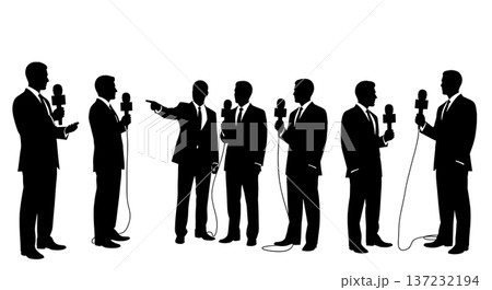 Black Solid Analyst Silhouettes Holding Reporter Microphone Set of Six on White Background 137232194