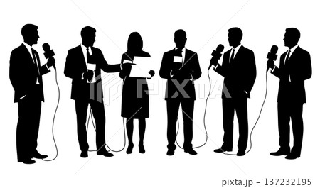 Black Solid Analyst Silhouettes Holding Reporter Microphone Set of Six on White Background Black Solid Analyst Silhouettes Holding Reporter Microphone Set of Six on White Background 137232195