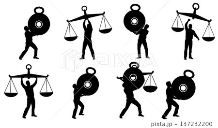 Black Solid Analyst Silhouettes Holding Scale Weight Set of Six on White Background Black Solid Analyst Silhouettes Holding Scale Weight Set of Six on White Background 137232200