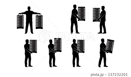 Black Solid Analyst Silhouettes Holding Server Racks Set of Six on White Background 137232201