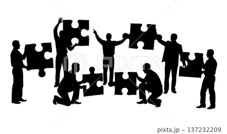 Black Solid Analyst Silhouettes Holding Puzzle Piece Set of Six on White Background 137232209