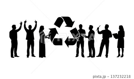 Black Solid Analyst Silhouettes Holding Recycling Symbol Set of Six on White Background Black Solid Analyst Silhouettes Holding Recycling Symbol Set of Six on White Background 137232218