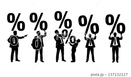 Black Solid Analyst Silhouettes Holding Percentage Signs Set of Six on White Background 137232227