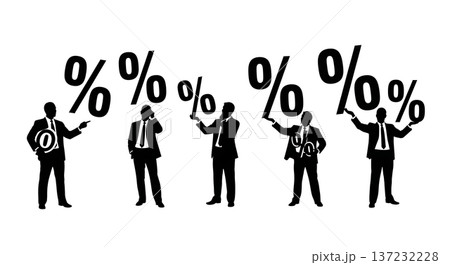 Black Solid Analyst Silhouettes Holding Percentage Signs Set of Six on White Background 137232228