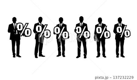 Black Solid Analyst Silhouettes Holding Percentage Signs Set of Six on White Background Black Solid Analyst Silhouettes Holding Percentage Signs Set of Six on White Background 137232229