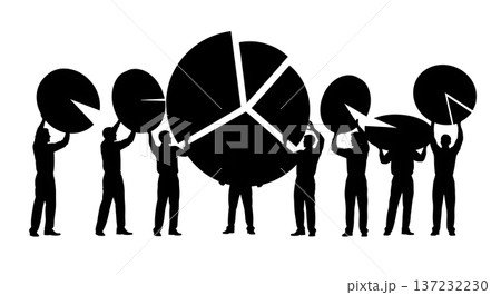 Black Solid Analyst Silhouettes Holding Pie Charts Set of Six on White Background 137232230