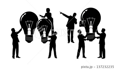 Black Solid Analyst Silhouettes Holding Lightbulb Set of Six on White Background Black Solid Analyst Silhouettes Holding Lightbulb Set of Six on White Background 137232235