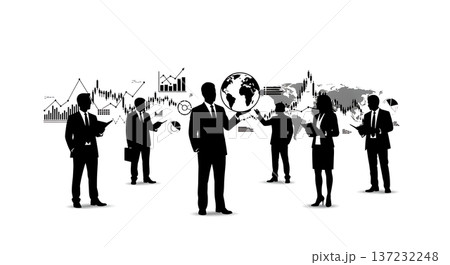 Black Solid Analyst Silhouettes Holding Globe Market Set of Six on White Background Black Solid Analyst Silhouettes Holding Globe Market Set of Six on White Background 137232248
