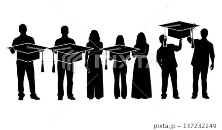 Black Solid Analyst Silhouettes Holding Graduation Cap Set of Six on White Background 137232249