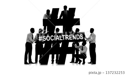 Black Solid Analyst Silhouettes Holding Hashtag Set of Six on White Background Black Solid Analyst Silhouettes Holding Hashtag Set of Six on White Background 137232253