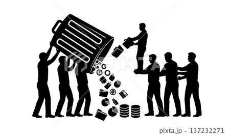Black Solid Analyst Silhouettes Holding Giant Trash Can Set of Six on White Background 137232271