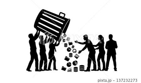 Black Solid Analyst Silhouettes Holding Giant Trash Can Set of Six on White Background 137232273