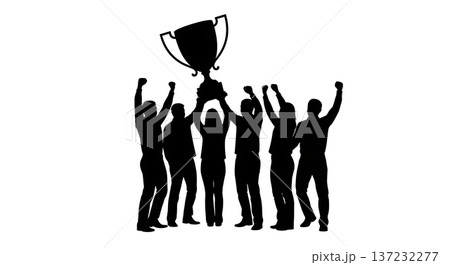 Black Solid Analyst Silhouettes Holding Giant Trophy Cup Set of Six on White Background 137232277