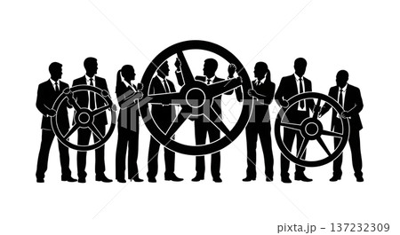 Black Solid Analyst Silhouettes Holding Giant Steering Wheel Set of Six on White Background 137232309