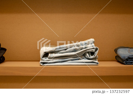 Light colored jeans folded on closet shelf. Choosing light colored jeans over dark ones. Clean jeans neatly folded in closet. Jeans as premium pants instead of workwear Light colored jeans folded on closet shelf. Choosing light colored jeans over dark ones. Clean jeans neatly folded in closet. Jeans as premium pants instead of workwear 137232597