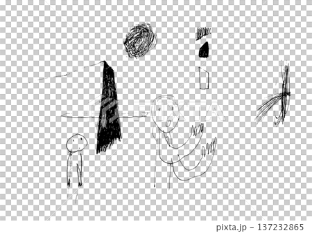 [透明背景] 單色線條畫，描繪抽象形狀和兩個人物 137232865