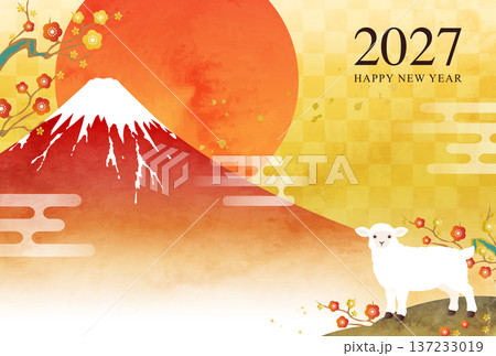 水彩の富士山と羊と初日の出の2027年年賀状のベクターイラストテンプレート(未年,羊,未) 水彩の富士山と羊と初日の出の2027年年賀状のベクターイラストテンプレート(未年,羊,未) 137233019