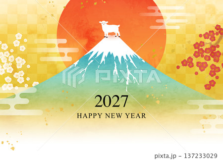 水彩の富士山と羊と初日の出の2027年年賀状のベクターイラストテンプレート(未年,羊,未)  137233029