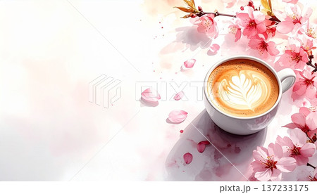 パステル調ラテカップと桜の花びら 白背景水彩 137233175