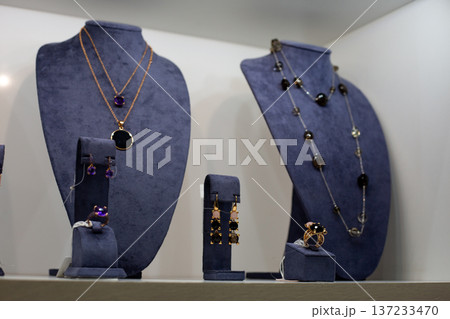 Investment jewelry on display in store. Purchasing precious metal in jewelry to preserve capital. Earning money on jewelry by purchasing precious stones and metal in accessories Investment jewelry on display in store. Purchasing precious metal in jewelry to preserve capital. Earning money on jewelry by purchasing precious stones and metal in accessories 137233470