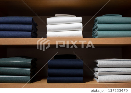 Polo shirts in various colors are neatly folded on shelf in men clothing store. Colors are muted, without any bright accents. Magic lies in right color for look. Pleasant tones create harmonious style 137233479