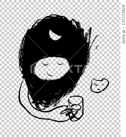 一幅單色線條畫，描繪了一個男人在彎月下，旁邊一隻貓在睡覺，他正在喝酒，這幅畫是用鋼筆手繪的。 137233628