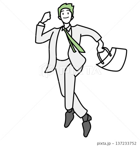 イラスト素材: ビジネスバッグを持って元気にジャンプする笑顔のビジネスマン 137233752