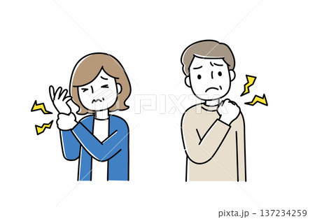 手首が痛む女性と肩こりの男性のイラスト 手首が痛む女性と肩こりの男性のイラスト 137234259