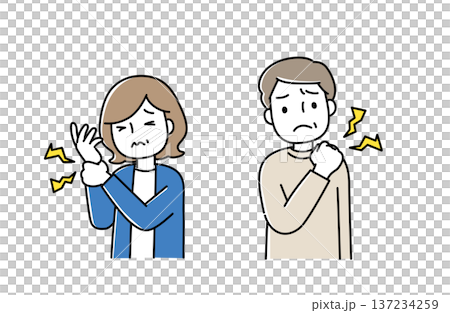 手首が痛む女性と肩こりの男性のイラスト 手首が痛む女性と肩こりの男性のイラスト 137234259
