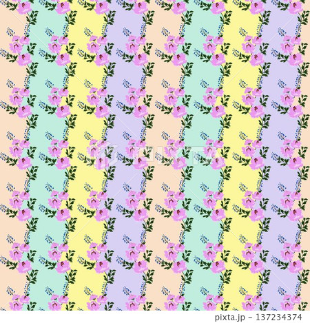 Seamless Vertical Floral Pattern with Pastel Rainbow Stripes and Pink Blooms Seamless Vertical Floral Pattern with Pastel Rainbow Stripes and Pink Blooms 137234374